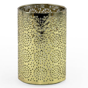 Decorative gold tealight holder with circle design laser cut out.