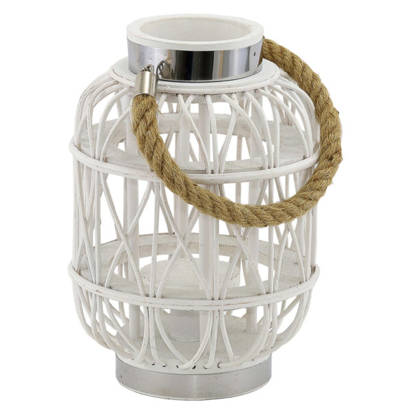 White cane lantern with rope handles.
