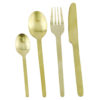 Gold cutlery set with slim handles. Tablespoon, fork, knife and teaspoon. 20 sets of 4 in stock. Total of 80 items.