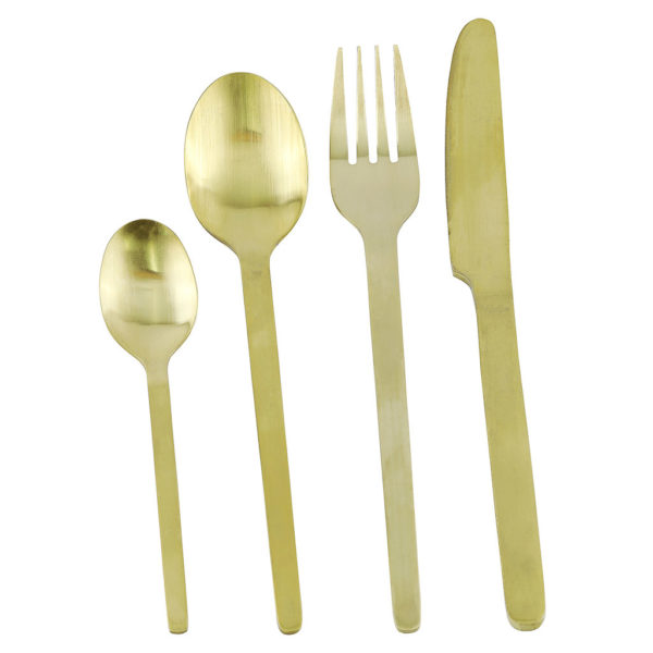 Gold cutlery set with slim handles. Tablespoon, fork, knife and teaspoon. 20 sets of 4 in stock. Total of 80 items.