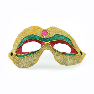 Gold, green red, pink glitter mask.