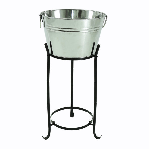 Silver ice buckets with silver handles and a smooth finish. Used with matching black stands for ice buckets at arm's length. 
20L capacity.