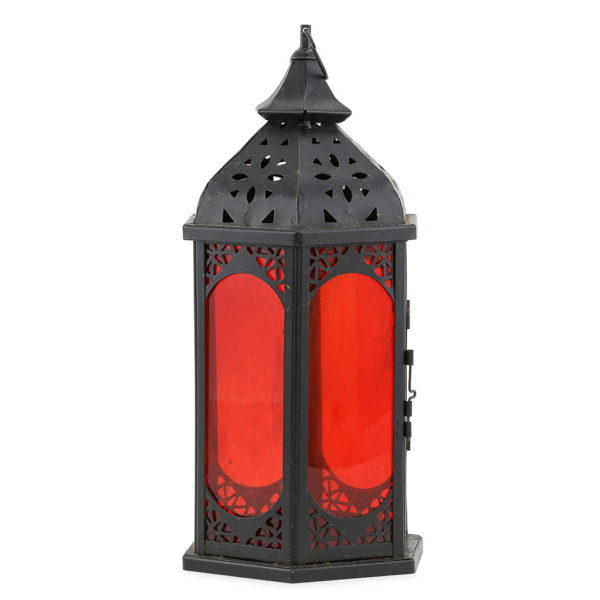 Black iron with red glass Moroccan lantern.