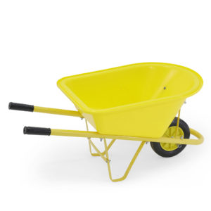 Yellow plastic kids wheelbarrow.