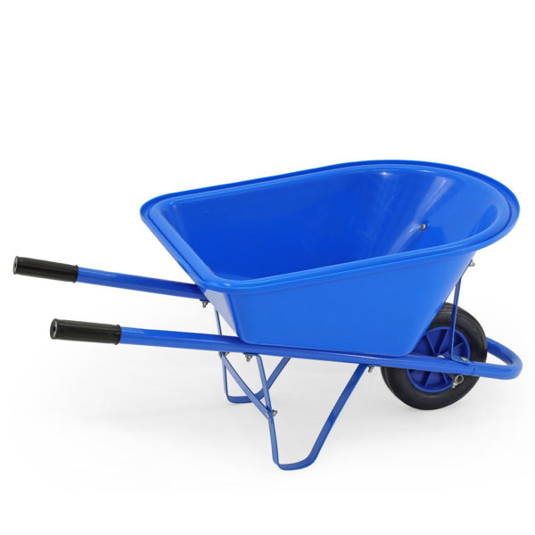 Blue plastic kids wheelbarrow.