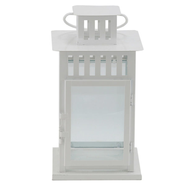 Modern white lantern used for table centrepiece or event styling. Effective with candle included.