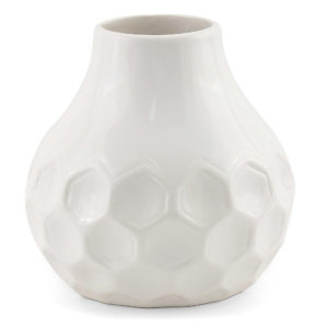 White hexagonal teardrop-shaped ceramic vase.