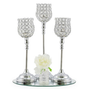 Set of 3 silver and crystal goblet style candle holders.