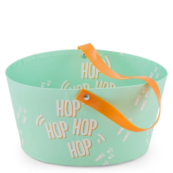 Easter egg baskets with handle. Mint green with "Hop Hop Hop Hop" written on it.