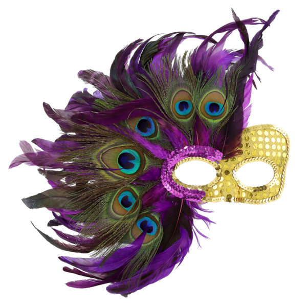 Gold and purple mask with peacock feathers.