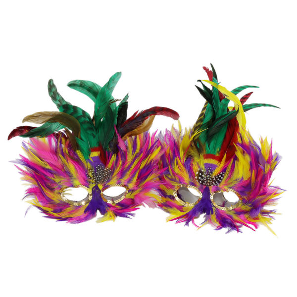 Colourful feather masks. Double-sided. Can be used as table centrepieces.