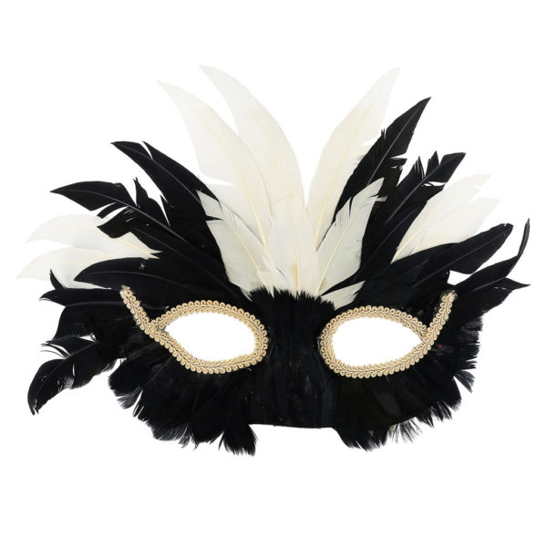 Black and white feather masks with cream eye detail.