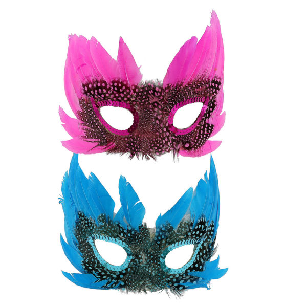 Black, green, pink and blue feather masks. One of each colour.