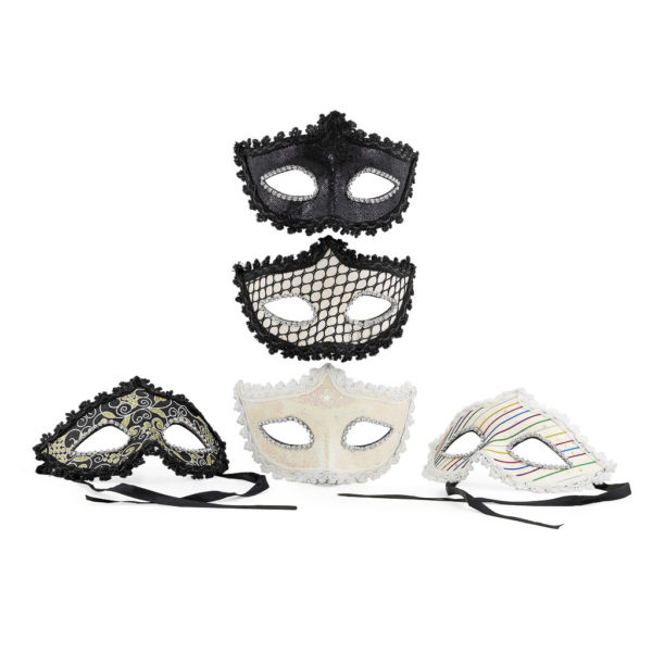 Cream, black, gold, silver - various masks.