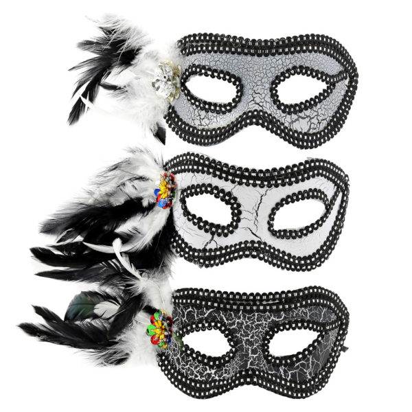 Various black and white masks with feather detail.
