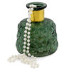 Decorative green glass vase in the shape of a perfume bottle with gold metal trim. 14cm high.