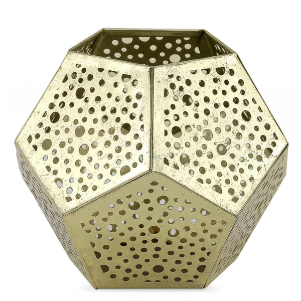 Decorative gold tealight holder. Hexagon shape with circle cut out design.