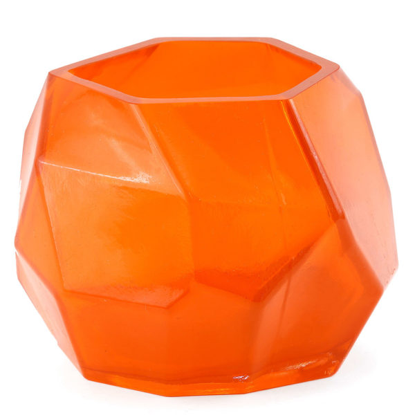 Decorative orange glass tealight holder. Hexagon shape.