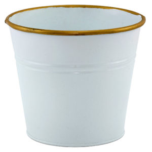 Small white metal bucket with gold rim.