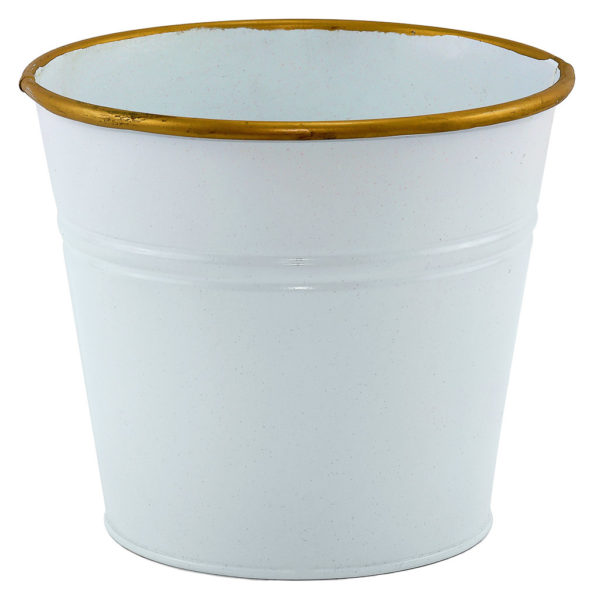 Small white metal bucket with gold rim.