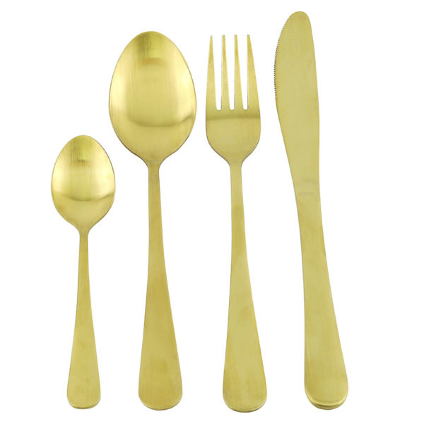 Gold cutlery set with round handles. Tablespoon, fork, knife and teaspoon. 
43 x knifes
43 x forks
62 x dessert spoons 
58 x teaspoons

43 full sets available.
