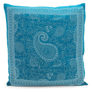 Aqua and white paisley/bandana patterned pillow.