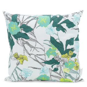 White, green and yellow floral patterned pillow.