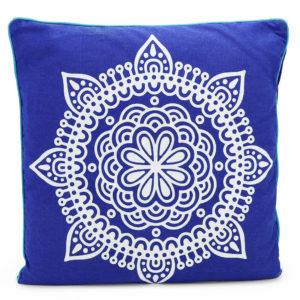 Blue and white patterned pillow.