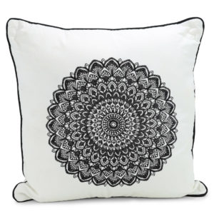 Black and white mandala patterned cushion.