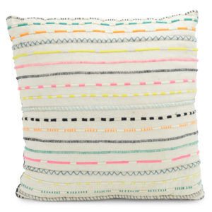 Natural cushion with colourful stitching.