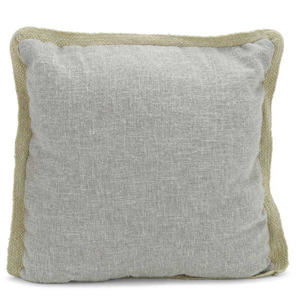 Grey linen look cushion with natural knitted edging.