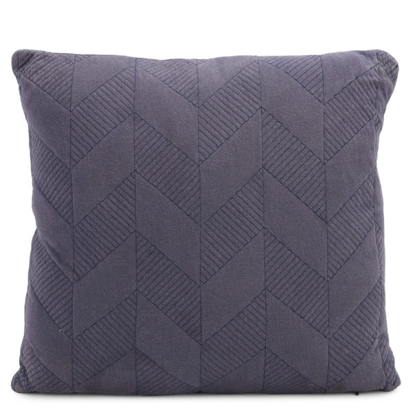 Dark grey cushion with zig-zag patterned stitching.