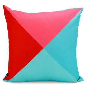 Blue, pink and red triangle patterned cushions. Bright.