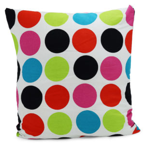 Brightly spotted cushion. Red, black, pink, blue, green and white.