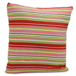 Brightly coloured striped cushion. Red, pink, yellow, green and white.