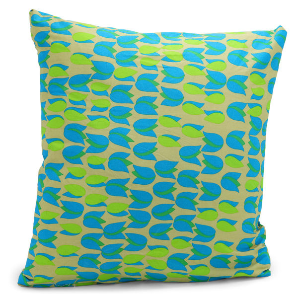 Cushion with a green and blue flower petal design.