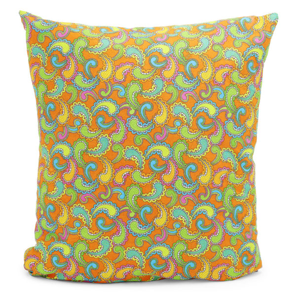 Cushion with a multicoloured paisley design. Green, orange, blue and yellow.