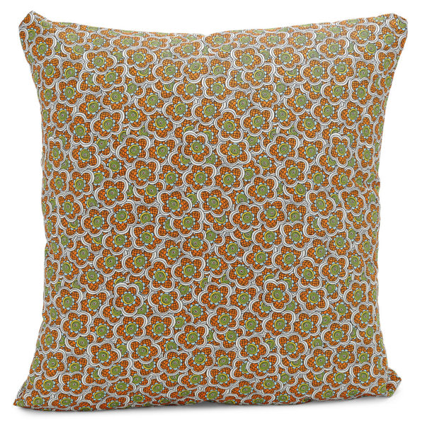Green and organge floral patterned cushion.