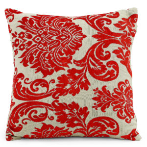 Floral patterned cream and red cushion.