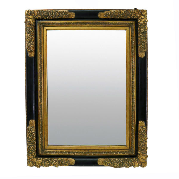 Large vintage mirror in black and gold frame.