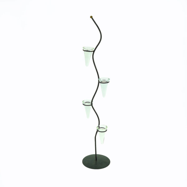 Tall spiral iron candelabra with 4 votive holders for use as a creative table centrepiece or creative addition to styling an event. 90cm tall.