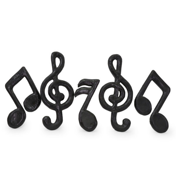 Black paper mache music notes. Assorted designs. 8 in stock.