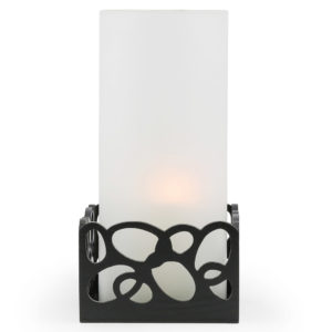 Frosted cylinder candle holder with black timber base. 30cm high.