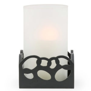 Frosted cylinder candle holder with a black timber base. 20cm high.