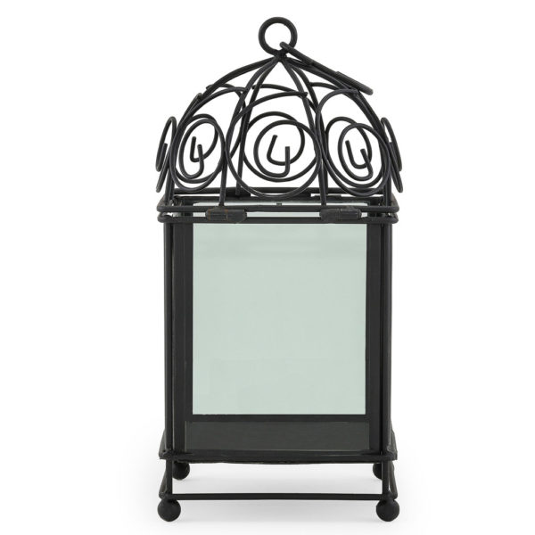 Black iron glasshouse lantern centrepiece. 30cm(h) x 14cm(w) x 14cm(d).