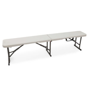 Fold-out white trestle table.