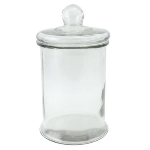 Clear glass jar with lid. 22cm high.
