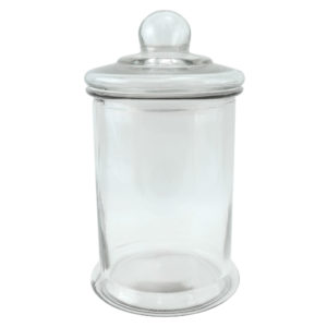 Clear glass jar with lid. 28cm high.
