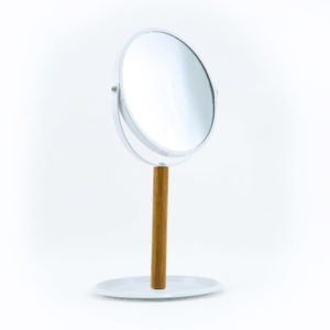 White make up mirror on timber stand. 
35cm high - 18cm diameter.