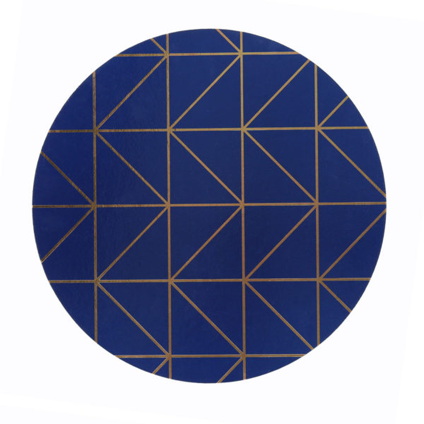 Navy placemat with gold geometrical design.